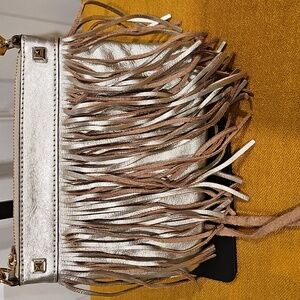 REBECCA MINKOFF Metallic Gold Leather Fringe Studded Crossbody Bag NWOT